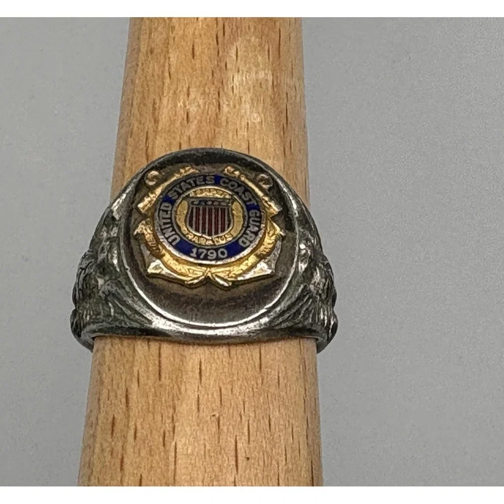 Vintage Sterling Silver United States Coast Guard Signet Ring Enameled 8.5 1790